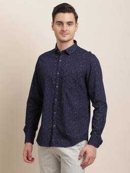 Turtle - Men Cotton Slim Fit Printed Blue Casual Shirt