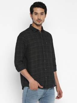 Turtle - Men Cotton Linen Regular Fit Checks Black Casual Shirt