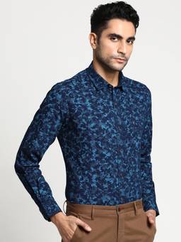 Turtle - Men Cotton Slim Fit Printed Blue Casual Shirt