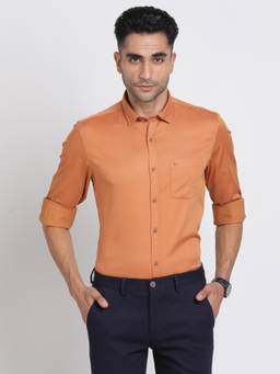 Turtle - Men Poly Cotton Stretch Slim Fit Solid Orange Formal Shirt