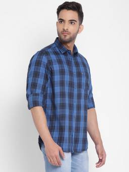 Turtle - Men Cotton Regular Fit Checks Blue Casual Shirt