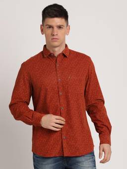 Turtle - Men Cotton Regular Fit Printed Brick Red Casual Shirt