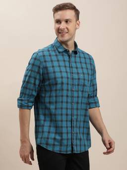 Turtle - Men Cotton Regular Fit Checks Blue Casual Shirt
