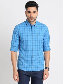 Turtle - Men Cotton Regular Fit Checks Blue Casual Shirt