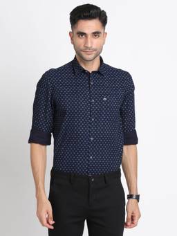 Turtle - Men Cotton Slim Fit Printed Blue Formal Shirt