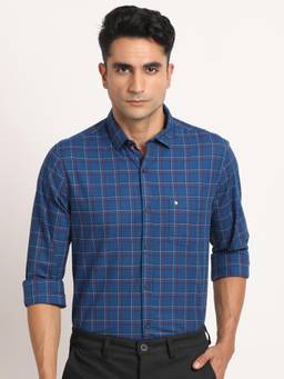 Turtle - Men Cotton Slim Fit Checks Blue Formal Shirt