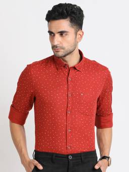 Turtle - Men Cotton Stretch Slim Fit Printed Red Formal Shirt