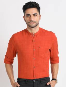 Turtle - Men Cotton Lyocell Slim Fit Solid Orange Casual Shirt