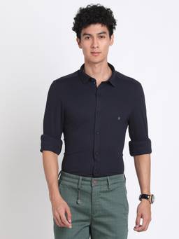 Turtle - Men Knitted Slim Fit Solid/Plain Navy Blue Formal Shirt