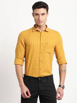 Turtle - Men Cotton Lyocell Slim Fit Stripes Yellow Formal Shirt