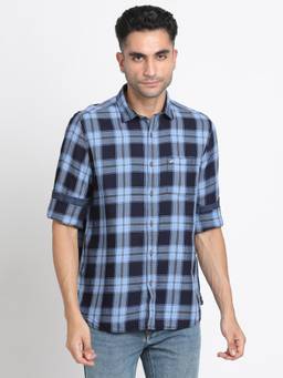 Turtle - Men Cotton Regular Fit Checks Blue Casual Shirt