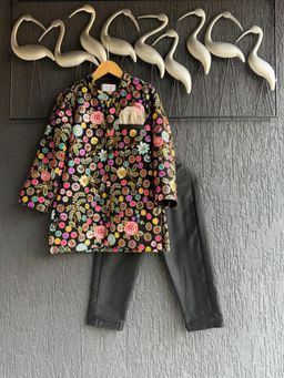 The Little Tales - Black Embroidery Kurta and Pyjama