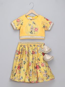 The Little Tales - Girl Yellow Floral Blouse with Lehnga