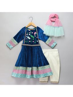 The Little Tales - Blue Velvet Embroidered Anarkali Pant and Dupatta with Belt