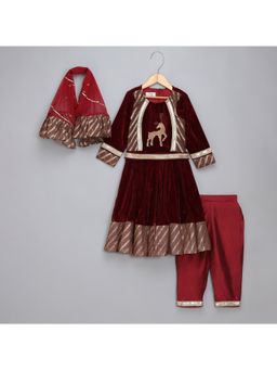 The Little Tales - Maroon Velvet Embroidered Anarkali Pant and Dupatta with Belt