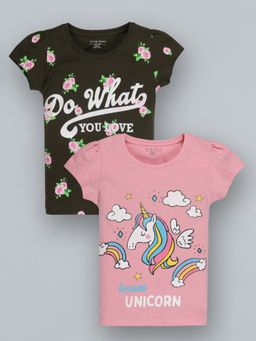 PLUM TREE - Girls Half Sleeve Unicorn Print T-Shirts(Pack Of 2)