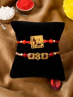 Shoshaa - Gold and Red Beads Om Bhai Rakhi with Roli Chawal (Set of 3)