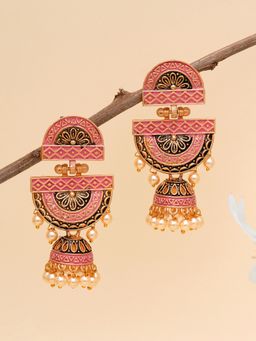 Karatcart - Gold Plated Pink Floral Dangler Earrings for Women