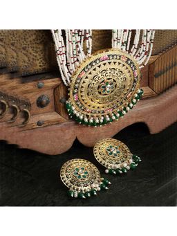 PANASH - Gold-Plated Green Beaded Hand painted Classic Pearl Necklace with Earrings (Set of 2)