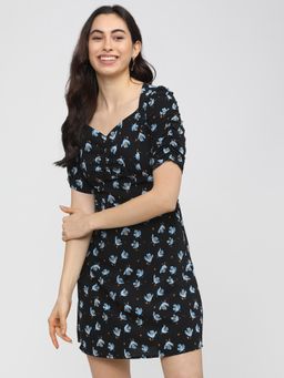 TOKYO TALKIES - Black Floral Crepe A-Line Dress