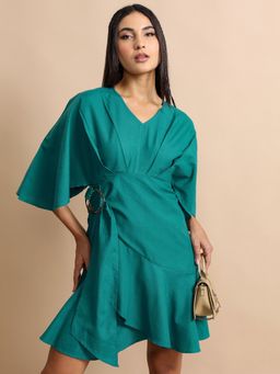 TOKYO TALKIES - Teal Flared Sleeves V-Neck Wrap Dress
