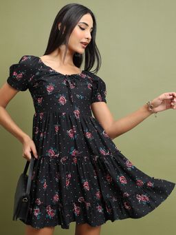 TOKYO TALKIES - Black Floral Printed Puff Sleeves Gathered Tiered Fit and Flare Dress