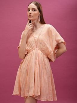 TOKYO TALKIES - Self Design Extended Sleeves Gathered Fit and Flare Dress