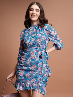 TOKYO TALKIES - Floral Printed High Neck Puff Sleeves Gathered Ruched Sheath Mini Dress