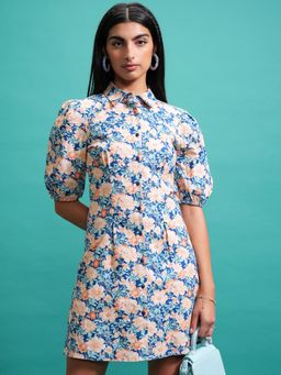 TOKYO TALKIES - Blue Shirt Collar Floral Print Puff Sleeve A-Line Cotton Dress