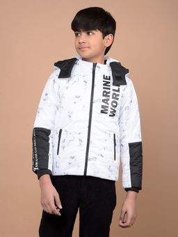 CRIMSOUNE CLUB - Boy's White Typographic Print Hooded Neck Puffer Jacket