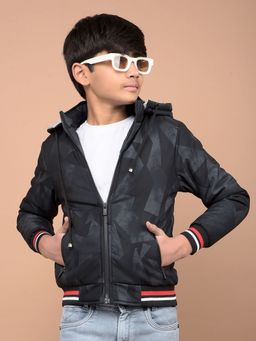 CRIMSOUNE CLUB - Boy's Navy Blue Printed Hooded Neck Bomber Jacket