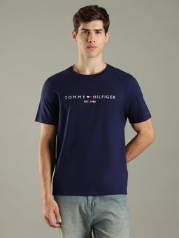 Tommy Hilfiger - Navy Blue Embroidered Logo Regular Fit Cotton T-Shirt