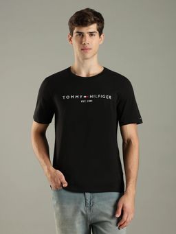 Tommy Hilfiger - Black Embroidered Logo Regular Fit Cotton T-Shirt