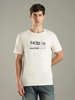 Tommy Hilfiger - Off White Printed Regular Fit Cotton T-Shirt