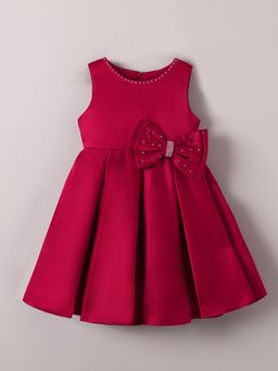 Hopscotch - Maroon Bow Applique Pleated Party Dress
