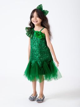 Hopscotch - Green Sequin Embellished Dress with Headband