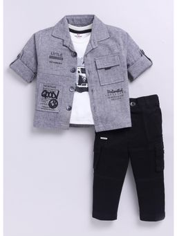 Little Collars - Black Full Sleeves Solid Shacket with Pant & Printed T-Shirt