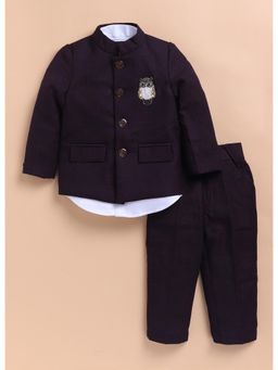 Little Collars - Maroon Cotton Woven Owl Embroidered Prince Coat with Pant & Shirt