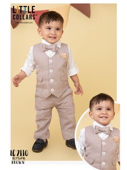 Little Collars - Brown Stripes Animal Logo Waistcoat with Pant & Shirt, Bow