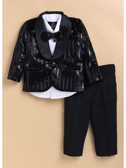 Little Collars - Boys Formal Velvet Stripes Blazer with Pant & Tuxedo Shirt, Bow