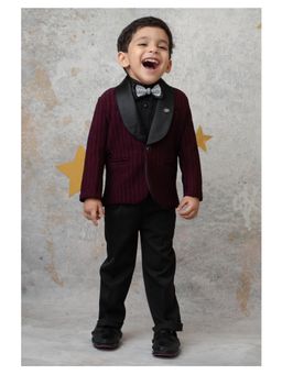 Little Collars - Maroon Stripes Blazer with Pant & Tuxedo Shirt, Bow, Brooch