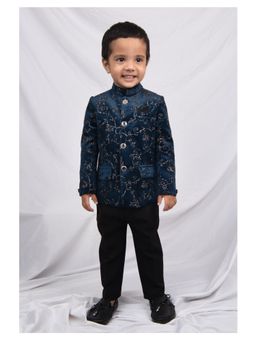 Little Collars - Navy Blue Velvet Woven Embroidered Prince Coat and Pant