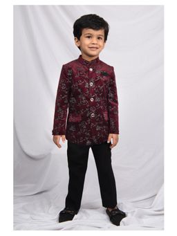 Little Collars - Maroon Velvet Woven Embroidered Prince Coat and Pant