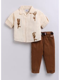 Little Collars - Cream Full Sleeves Floral Motif Embroidered Shirt & Pant