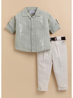 Little Collars - Green Full Sleeves Floral Motif Embroidered Shirt & Pant