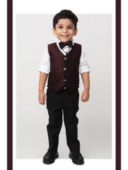 Little Collars - Maroon Full Sleeves Jaquard Waistcoat with Pant & Shirt, Bow