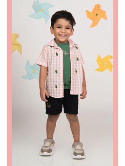 Little Collars - Pink Embroidery Checks Shirt with Shorts & T-Shirt