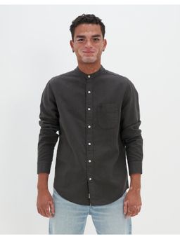 American Eagle - Men Grey Band Collar Linen Button-Up Shirt