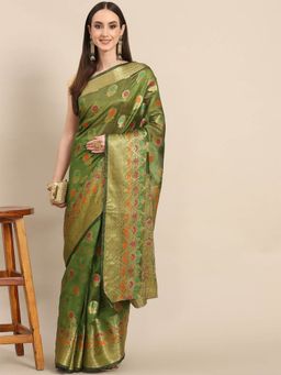 Odette - Green Woven Organza Saree with Unstitched Blouse