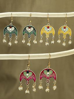 OOMPH - Combo Of 3 Meenakari Small Ethnic Drop Earrings With Kundan & Pearl
